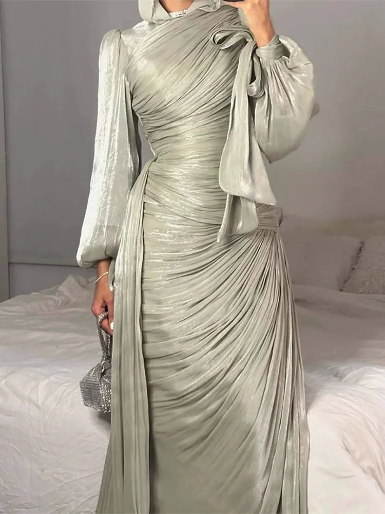Fashion Lantern Sleeves Autumn Party Dress 2025 Elegant Solid Color Lace Up Dress Ladies O-neck High Waisted Pleated Long Dress