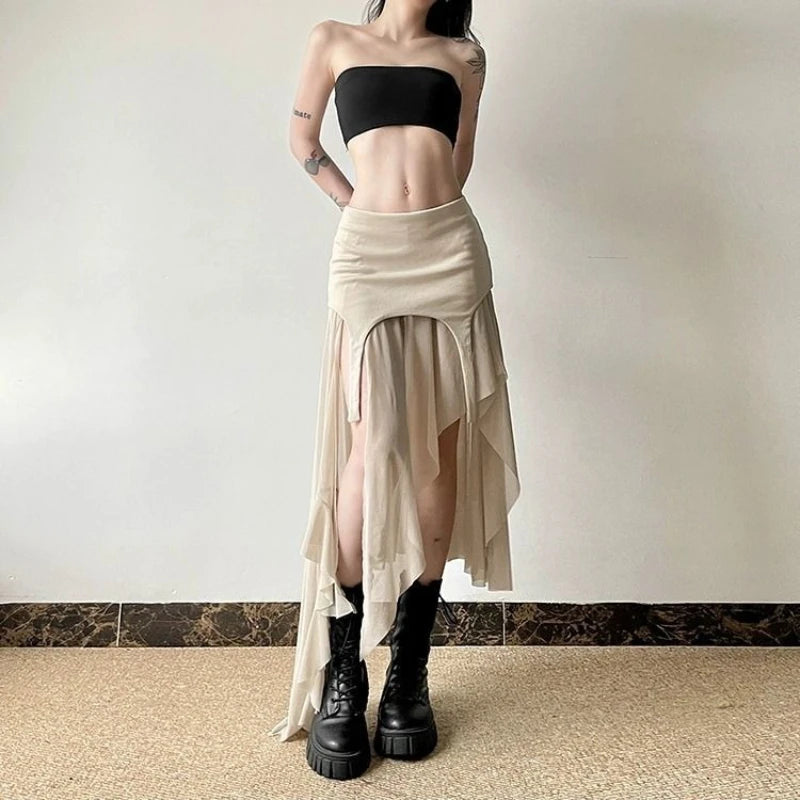 Deeptown Vintage Sexy Slit Skirt Women Y2k Elegant Irregular Sweet Ruffle Skirts Korean Style Tulle Streetwear Layered Skirts