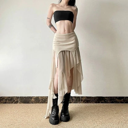 Deeptown Vintage Sexy Slit Skirt Women Y2k Elegant Irregular Sweet Ruffle Skirts Korean Style Tulle Streetwear Layered Skirts