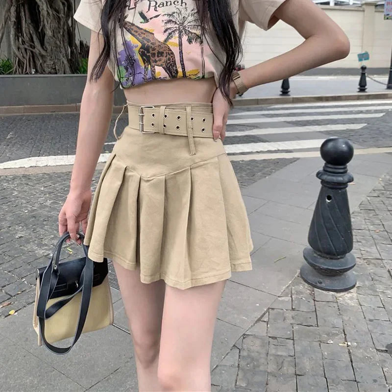 Lucyever Korean High Waist Pleated Skirts Women Summer Khaki Black with Belt A-Line Skirt Woman All-Match Streetwear Mini Skirt