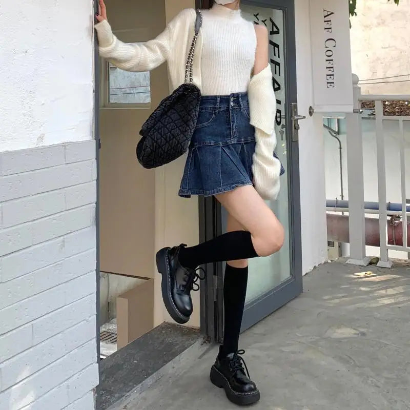 High-Waisted Denim Skirt Women's New Pleated Retro Blue Skinny A-line Flanged Wrap Hip Skirt