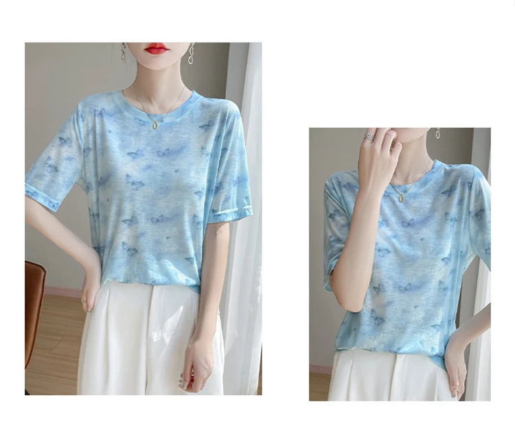 Spring And Summer New Lyocell Short Sleeve Sweater Loose Thin Half Sleeve T-shirt Printed Top