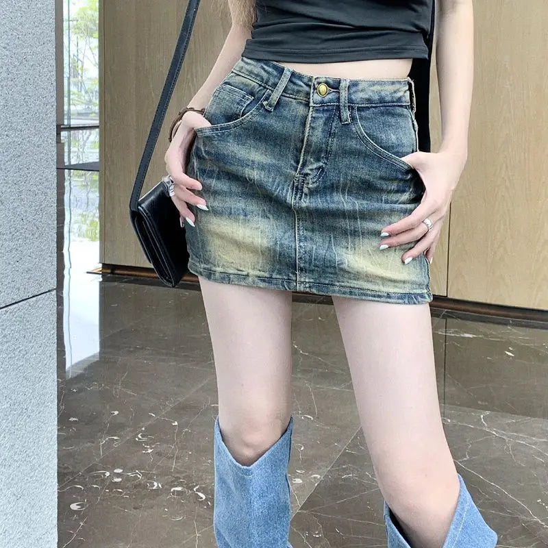 STSVZORR Vintage Embroidery Denim Half Skirt Women's Summer Skirt Water Wash Elastic Wrap Hip Short Skirt