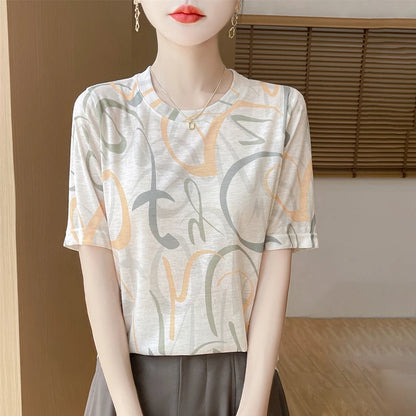 Spring And Summer New Lyocell Short Sleeve Sweater Loose Thin Half Sleeve T-shirt Printed Top