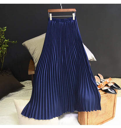 Womens Chic Pleated Swing Long Skirt with Liner Korean Fashion Kawaii Elastic High Waist OL Chiffon Shirring Mermaid Skirts K77