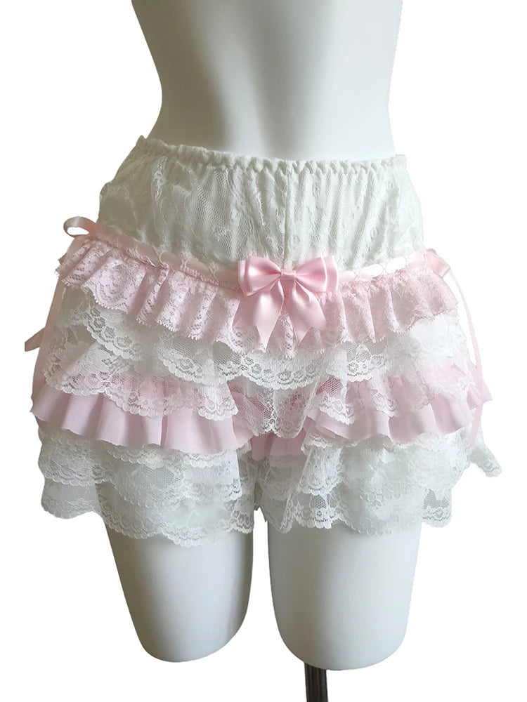 Cute Shorts Women Summer Bow Decoration Pink Lace Patchwork Elastic Waist Lolita Multilayer Bottoming Shorts for Sweet Girls
