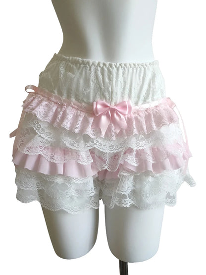 Cute Shorts Women Summer Bow Decoration Pink Lace Patchwork Elastic Waist Lolita Multilayer Bottoming Shorts for Sweet Girls