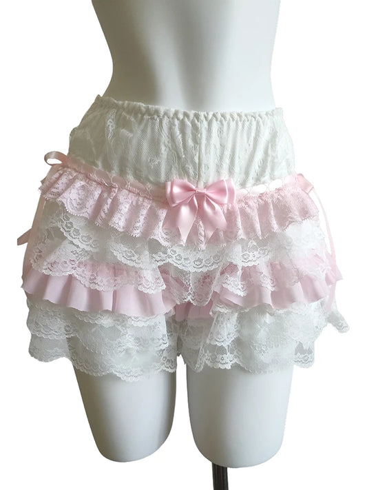 Cute Shorts Women Summer Bow Decoration Pink Lace Patchwork Elastic Waist Lolita Multilayer Bottoming Shorts for Sweet Girls