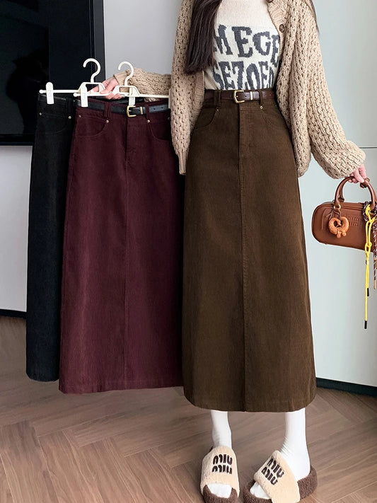 Vintage High Waist Winter Long Skirts For Women Elegant Office Wear Solid Corduroy Pencil Skirt With Belt Wrap Falads Largas