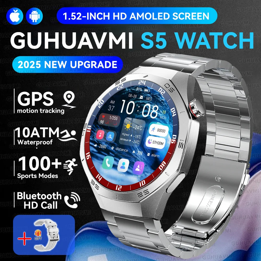 Luxury Metal Smart Watch For Men AMOLED Screen Bluetooth Call GPS Tracking Sports Heart Rate Monitor Smart watch For Android iOS