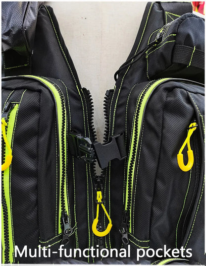 multi-functional life jacket vest for outdoor fishing, a must-have for safety. Multiple pockets for storage, buoyant materials