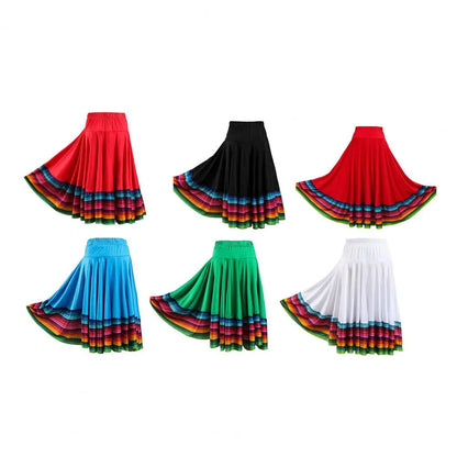 Midi Skirt Ladies Folk Dance Skirt Elastic High Waist Spanish Swing Skirt Rainbow Large Swing Hem Mexican Flamenco Dance Skirts