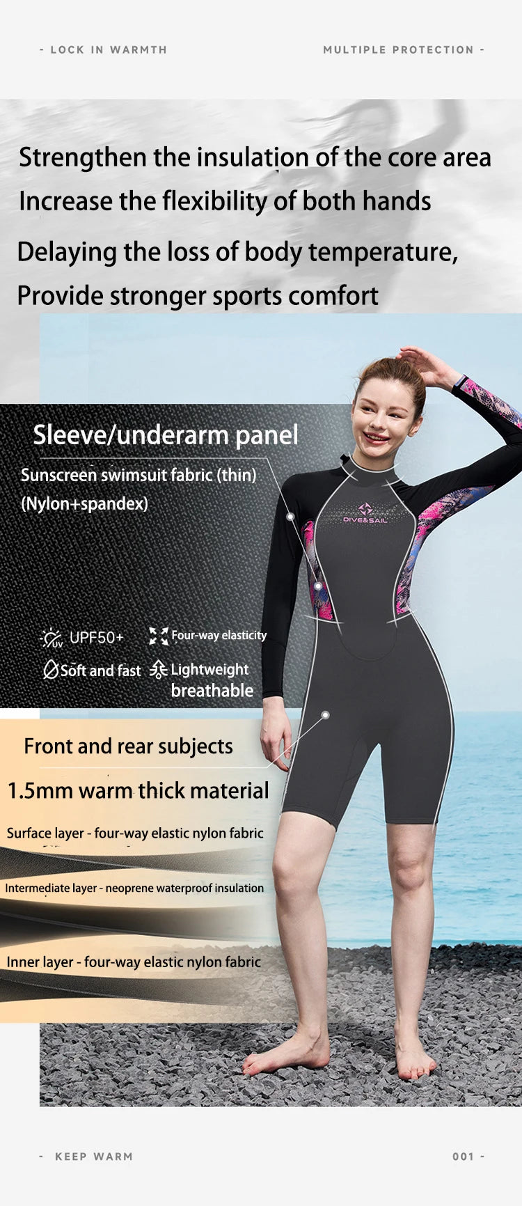 Men Women Wetsuit Shorty 1.5mm Neoprene + Lycra Thermal Swimsuit Diving Suits Front Zipper UV Protection Long Sleeve Surf Suits