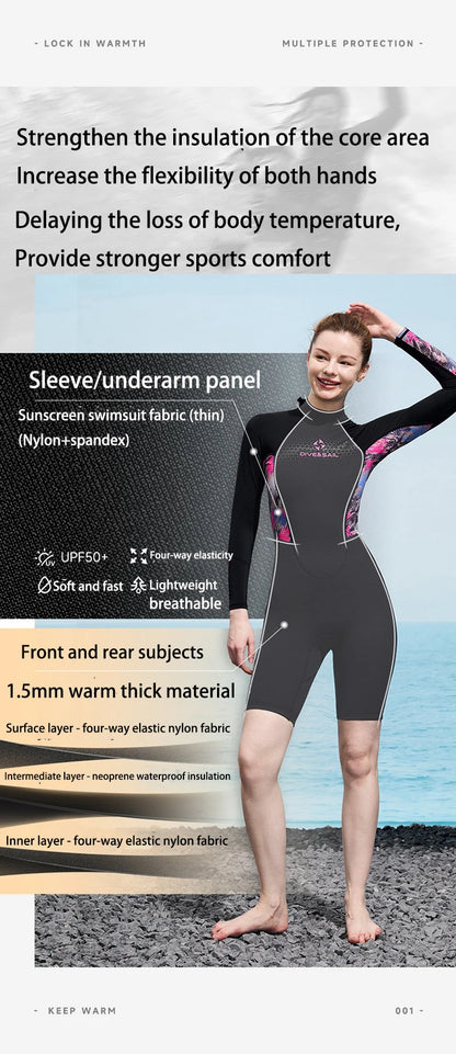 Men Women Wetsuit Shorty 1.5mm Neoprene + Lycra Thermal Swimsuit Diving Suits Front Zipper UV Protection Long Sleeve Surf Suits