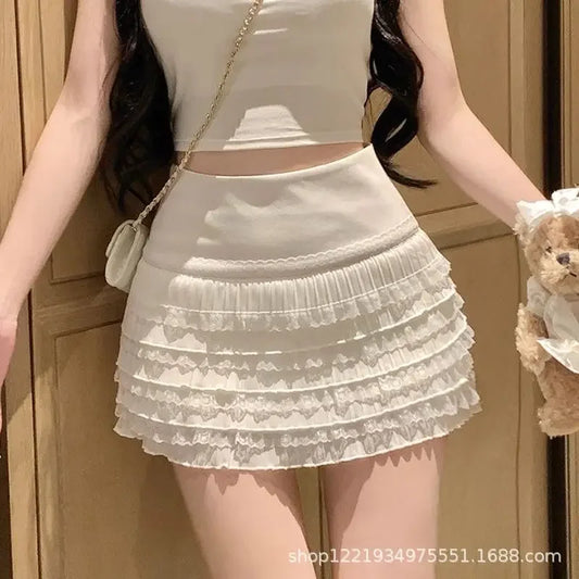 Sweet And Spicy Korean Style High Waist Pleated Mini Skirt Women's Summer New Fashion Lace Wrap around Short Skirt