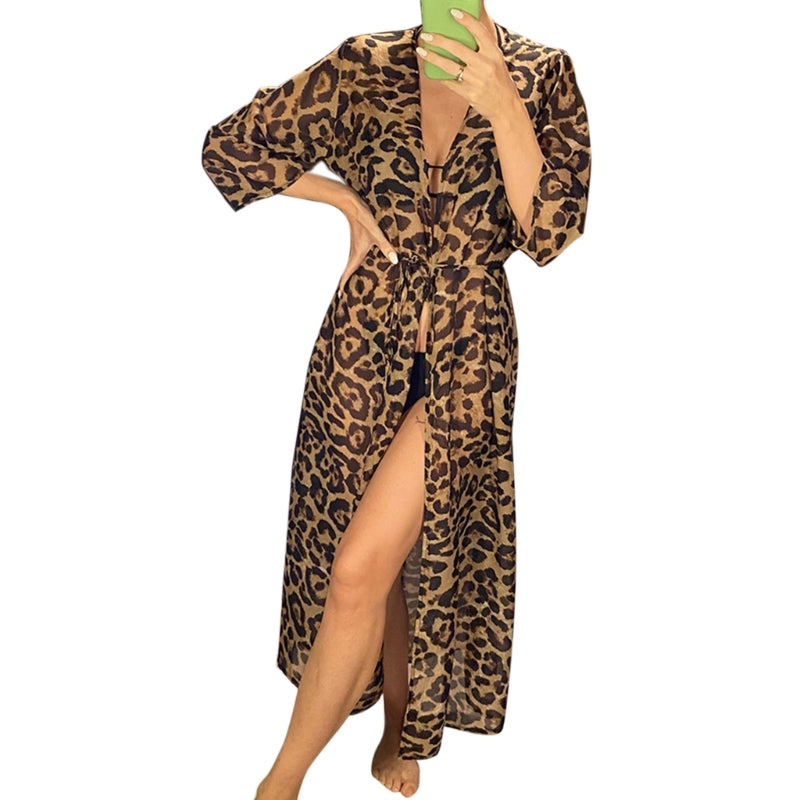 77HC Womens Long Bikinis Cover-ups Beach Dress Summer Sexy Robe Beachwear Leopard-printing Tunic Top Swimwear Cover-Ups Dress