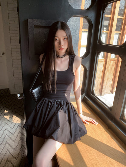 CHEERART Y2k Knitted Little Black Short Dresses For Women Summer Patchwork Bodycon Ball Gown Ribbed Mini Dress