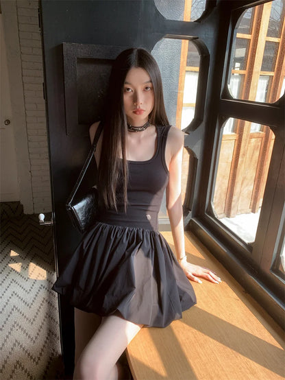CHEERART Y2k Knitted Little Black Short Dresses For Women Summer Patchwork Bodycon Ball Gown Ribbed Mini Dress