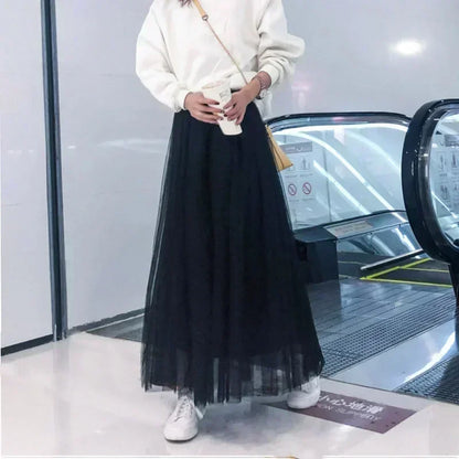 Women Mesh Elastic Tutu Skirt Beach Spring Summer Korean High Waist Fashion Pleated Long Skirt Black White Tulle Skirts LSK010