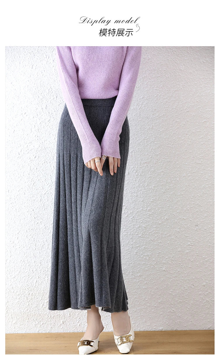 High-end 2022 Autumn/Winter New 100% Pure Wool Women's Thick Warm Elegant Pleated Skirt Fashion A Line Knitted Skirt 4 Colors