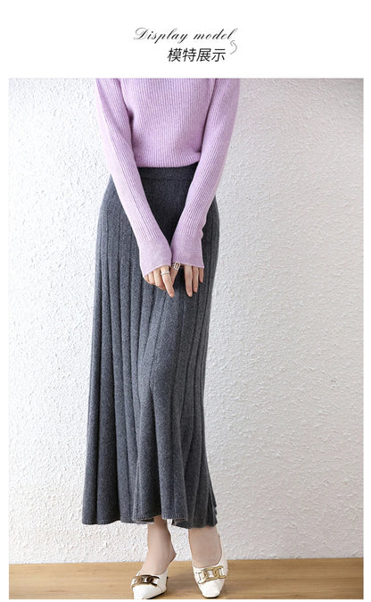 High-end 2022 Autumn/Winter New 100% Pure Wool Women's Thick Warm Elegant Pleated Skirt Fashion A Line Knitted Skirt 4 Colors