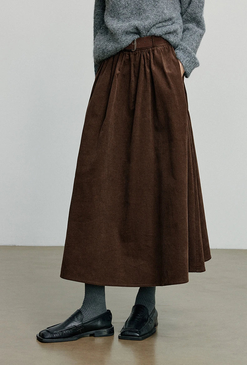 TOYOUTH Women Skirt 2025 Autumn New Corduroy Pure Cotton Ankle Length Umbrella Skirt