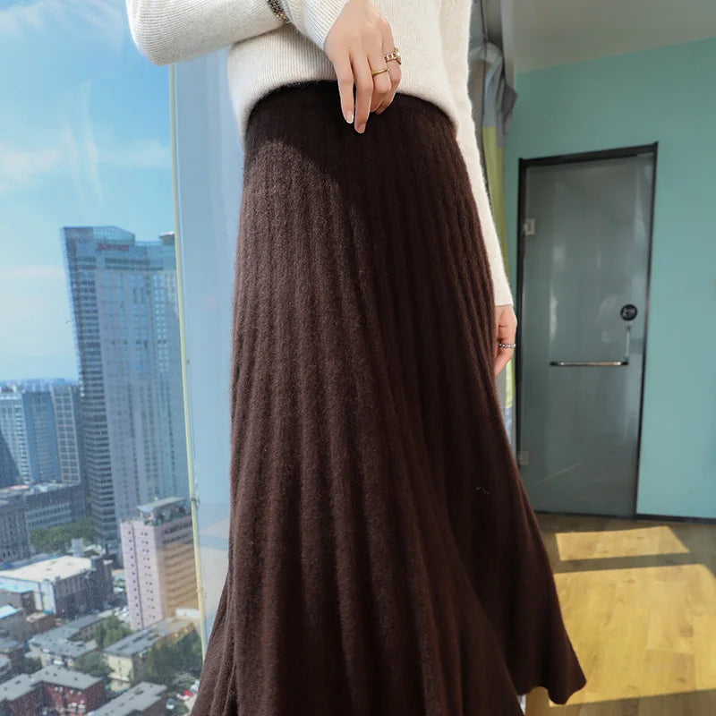 mink cashmere skirt Fashion long dress women A-line skirt autumn winter loose pleated skirt elegant high-waisted skirt ladies
