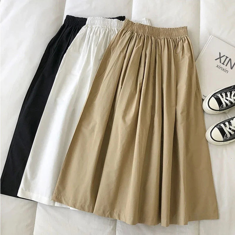 2025 New Casual Elegant High Waist A Line Skirts Women Solid Color Long Skirt Fashion Pockets Pleated Knee Length Skirts Autumn