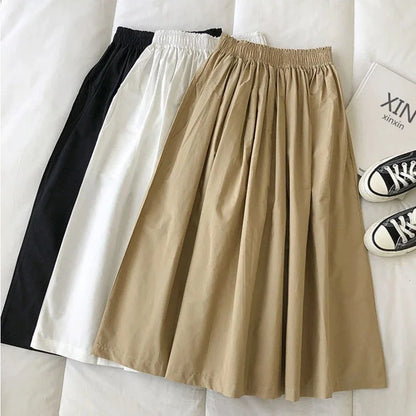 2025 New Casual Elegant High Waist A Line Skirts Women Solid Color Long Skirt Fashion Pockets Pleated Knee Length Skirts Autumn