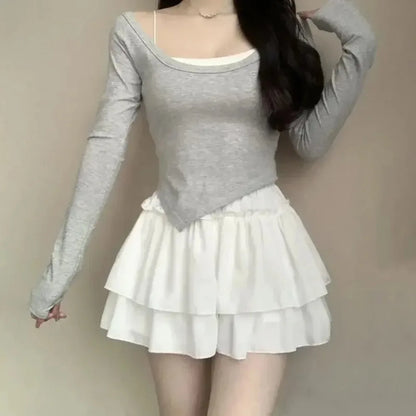 Summer Kawaii Pleated A-Line Skirt for Women White Ruffle Tiered Sweet Style Elastic Waist Summer Slim Korean Harajuku Dress