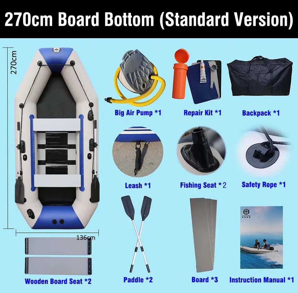2.7m Wood Floor PVC Inflatable Fishing Kayak 0.9 mm Thick Leisure Rowing Rubber Pontoon Boat Solar Kayak