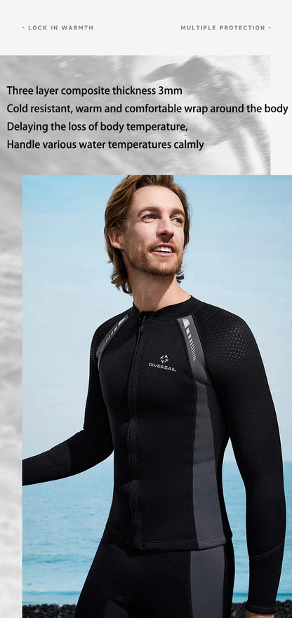 2025 New Men Women Wetsuit Top 3mm Neoprene Wetsuit Jacket Long Sleeve Front Zipper Swimsuit Surfing Diving Tops for Water Sport