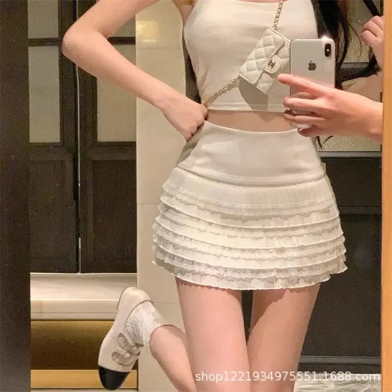 Sweet And Spicy Korean Style High Waist Pleated Mini Skirt Women's Summer New Fashion Lace Wrap around Short Skirt