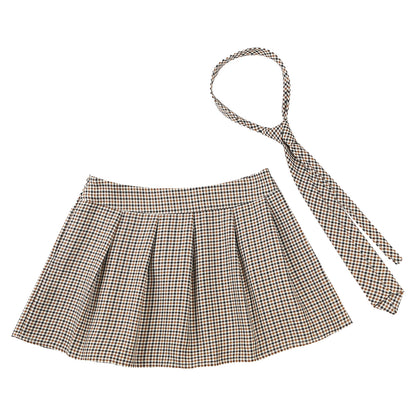 Womens Plaid Pleated Skirts With Necktie Harajuku Mini Japanese Preppy Schoolgirls Uniforms Kawaii Skirts Ladies Cosplay Costume