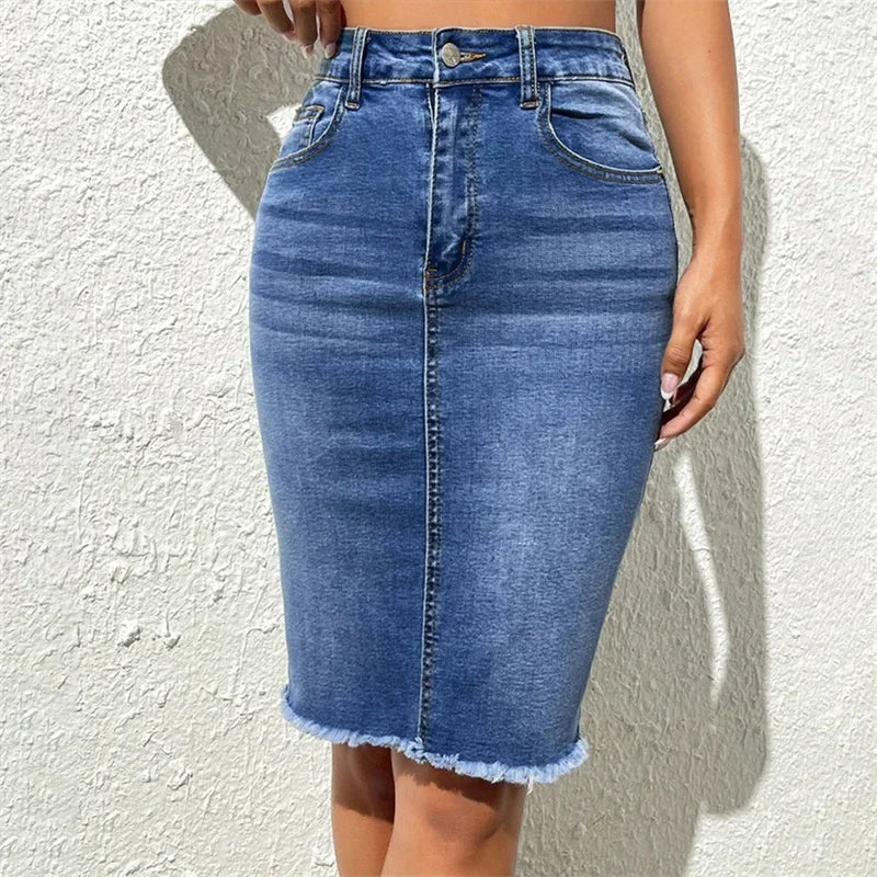 Fashion High Waist Denim Skirt Women Tassel Decoration Hem Wrap Hip Half-body Dress Female Summer Daily Casual Trend Streetwear