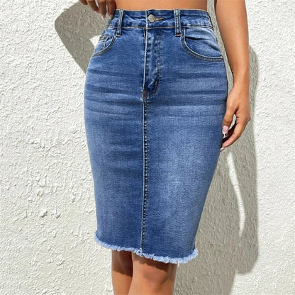 Fashion High Waist Denim Skirt Women Tassel Decoration Hem Wrap Hip Half-body Dress Female Summer Daily Casual Trend Streetwear