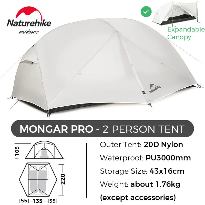Naturehike Mongar 2 Person Tent Ultralight Camping Tent Outdoor Travel Tent Double Layer Waterproof Tent 3 Season Portable Tent