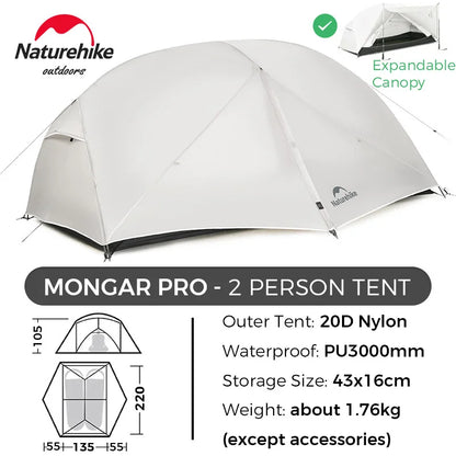 Naturehike Mongar 2 Person Tent Ultralight Camping Tent Outdoor Travel Tent Double Layer Waterproof Tent 3 Season Portable Tent
