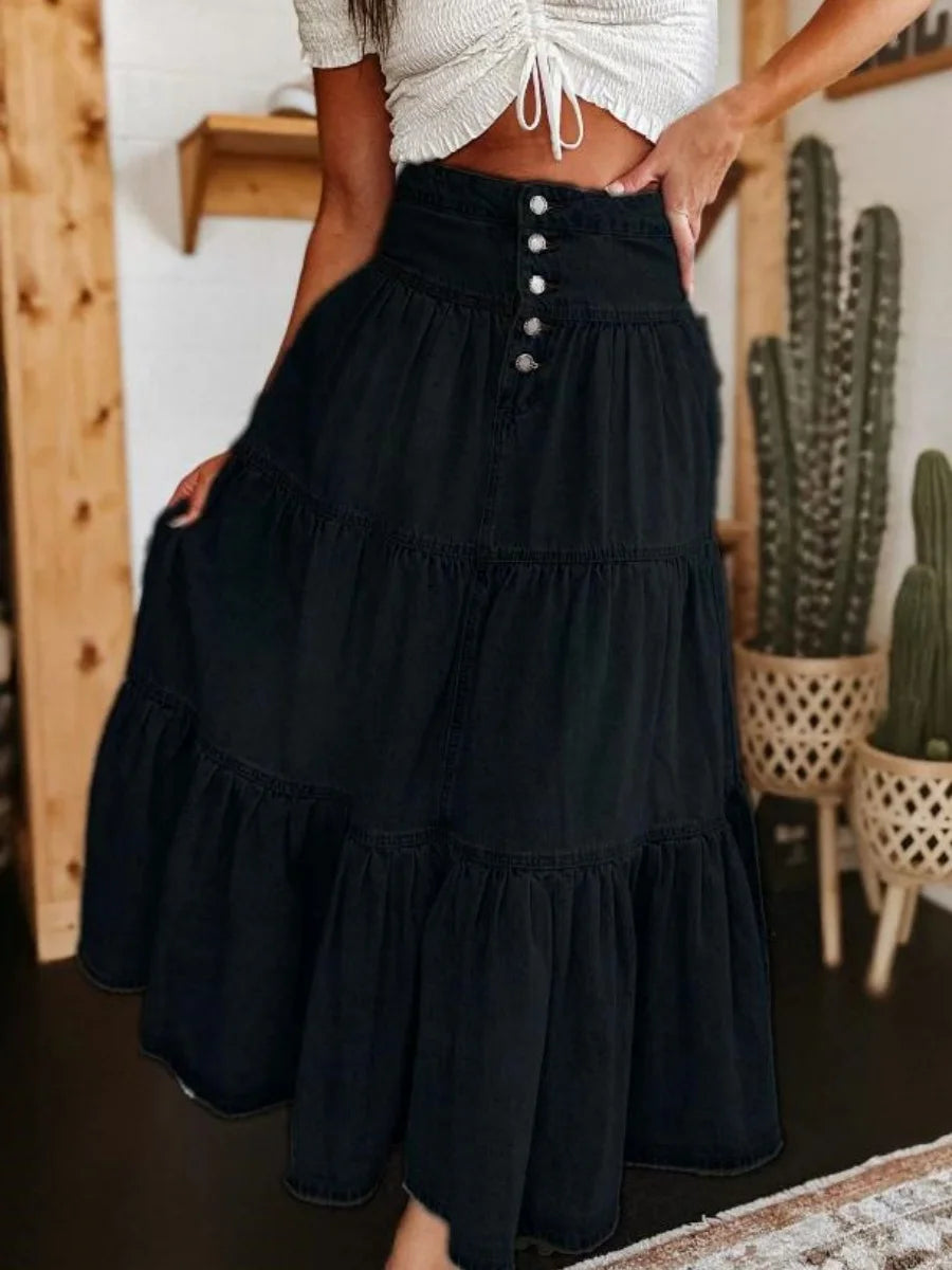 Womens A-Line Denim Long Skirts High Waist Ruffled Hem Midi Denim Skirt Stretchy Button Denim Maxi Skirt Streetwear