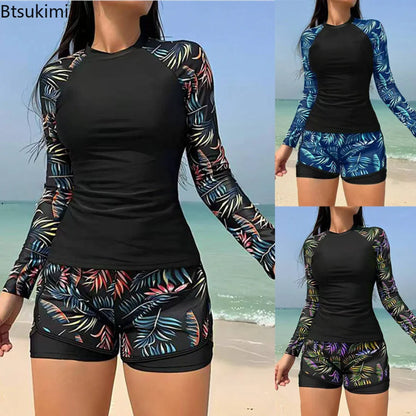 New 2026 Women's Vintage Print Swimsuit Rash Guards Long Sleeve Swimwear Surfing Sports Pool Swimming Suit Two-Piece Bath Suits