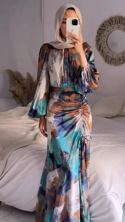 Colorful Printed Pleated Dress Women Half High Collar Long Lantern Sleeves Dresses Female Fashion Drawstring Slim Commuter Robe