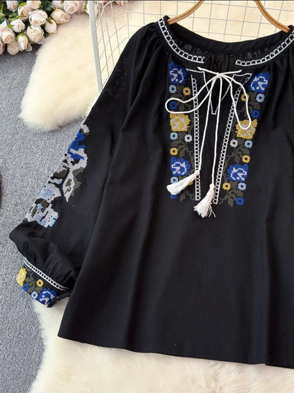 2026 Spring Retro Embroidered Shirt Top Female Lace Up Tassel Loose Lantern Sleeves Ethnic Style Blouse Female A70