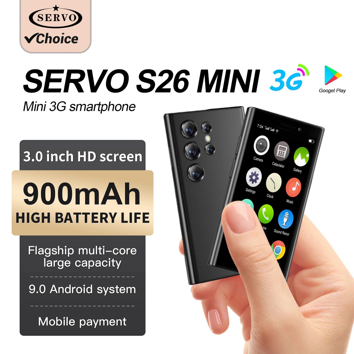 SERVO S26 Mini Smartphones Android 9.0 Dual SIM 3.0'' HD 900mAh WIFI Bluetooth 2GB+16GB Face Unlock 3G Small Mobile Phone Type-C