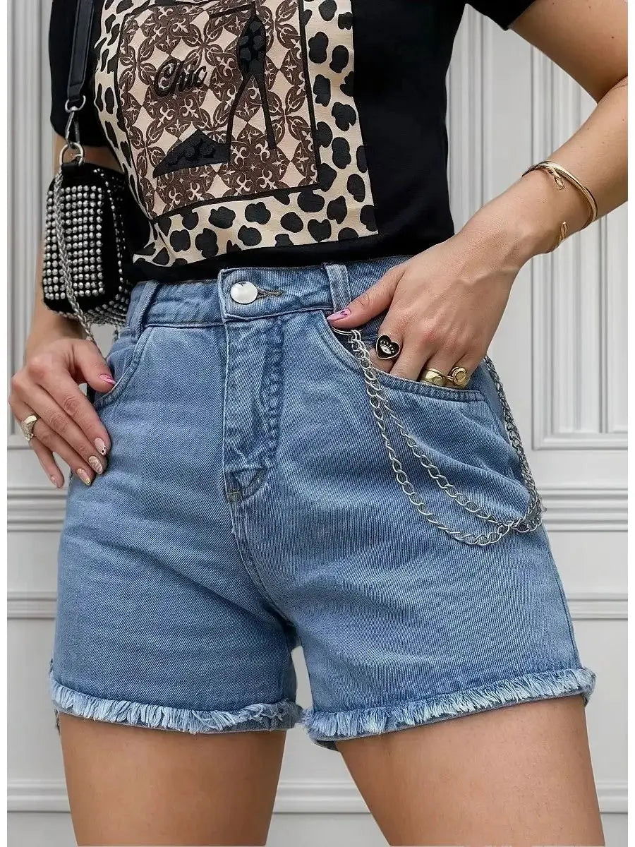 Summer women jeans shorts with chain decoration fashion