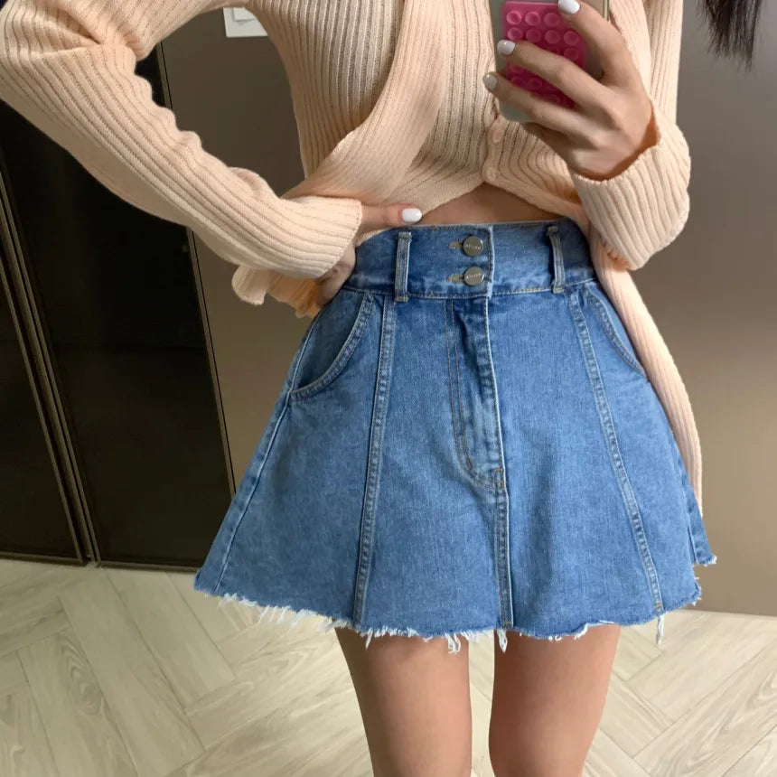Chic High Waist A-Line  Skirt Women's Jeans ort Skirt Spring Vintage Slimming Splicing Hemming Girl's Faion Commute