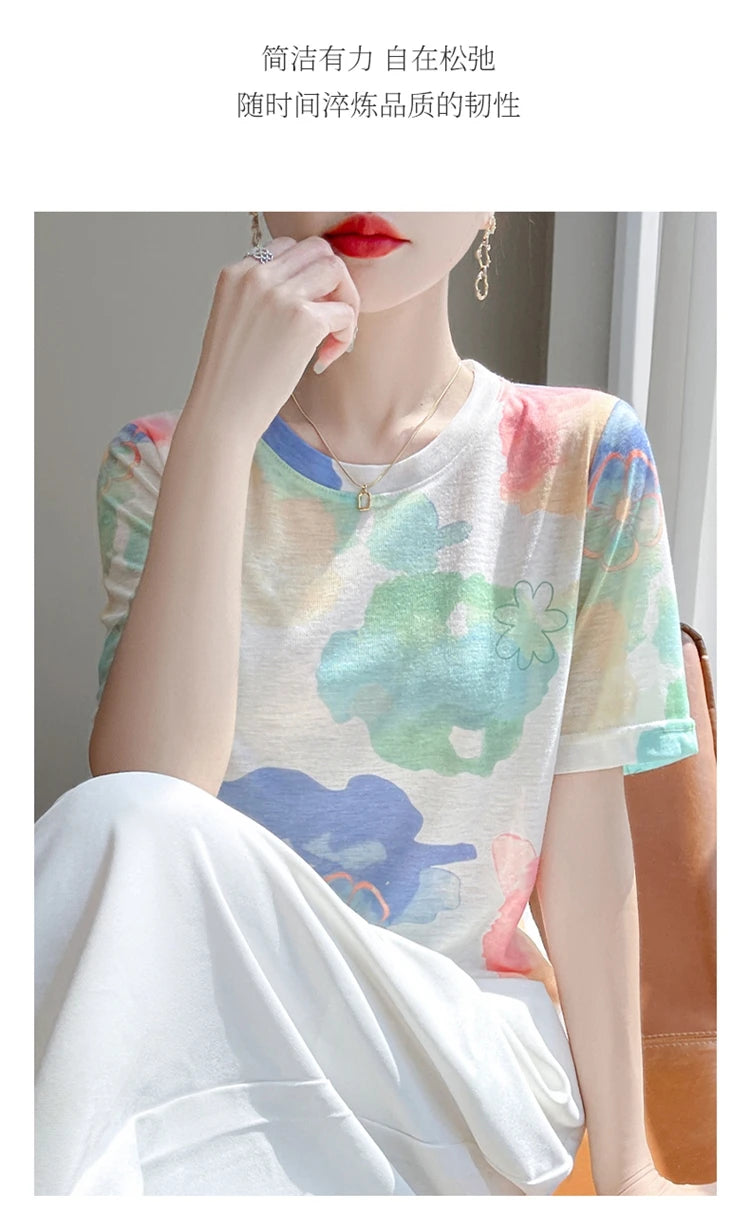 Spring And Summer New Lyocell Short Sleeve Sweater Loose Thin Half Sleeve T-shirt Printed Top