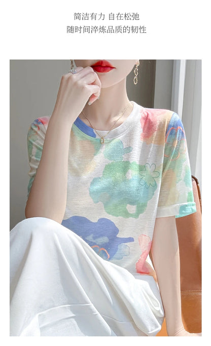 Spring And Summer New Lyocell Short Sleeve Sweater Loose Thin Half Sleeve T-shirt Printed Top