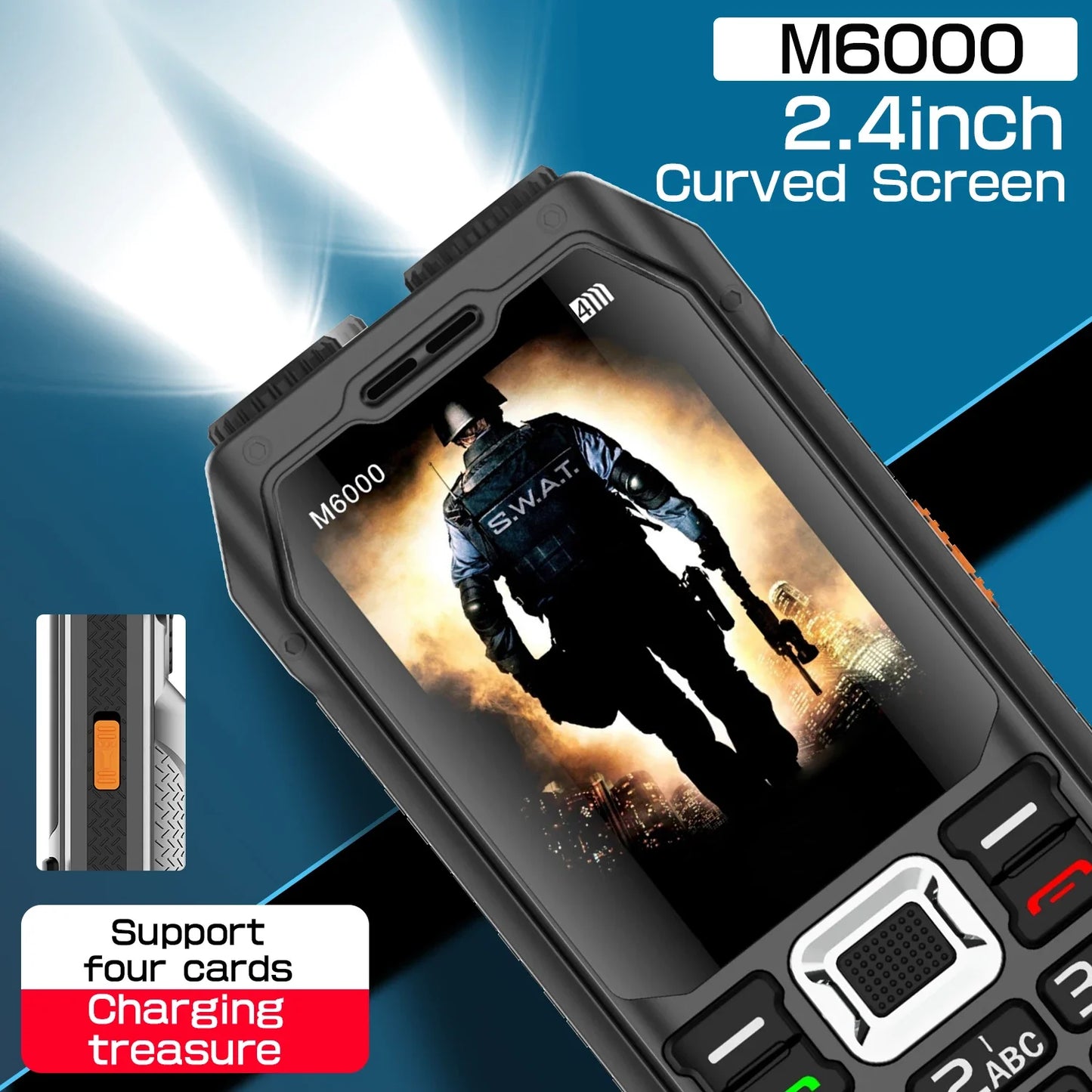 Rugged Outdoor Mobile Phone 4 Quad Sim Voice Changer Dual Torch Loudspeaker Large Button Powerbank Large Battery SOS Call Mobile
