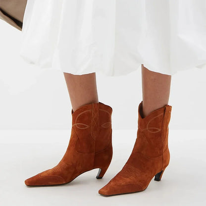 Embroidered Square Toe Cat Heel Western Cowboy Boots Woman Winter 2025 Slip-On Shaped Heel Slim Boots Fashion Shoes for Women