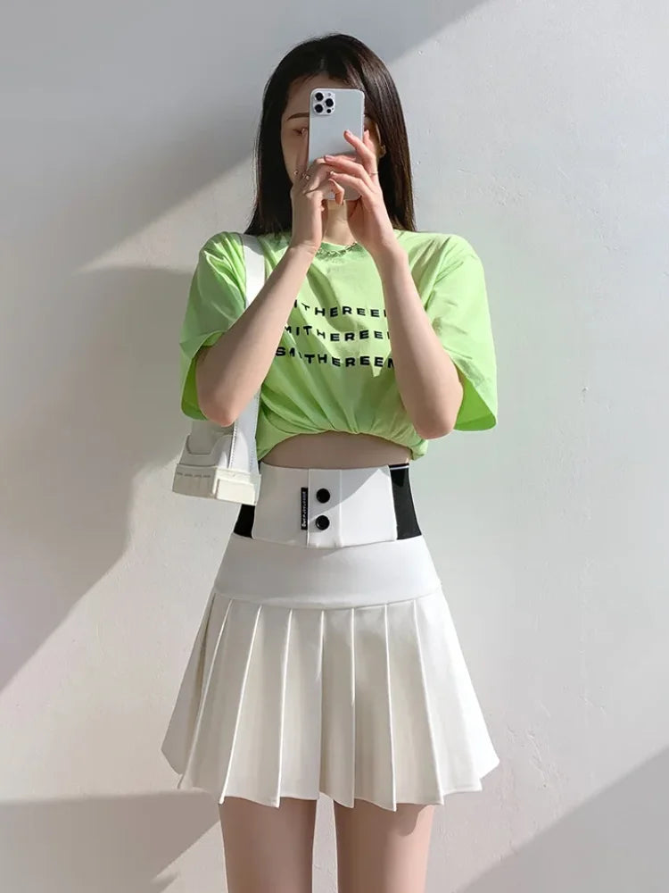 Mini Skirt Women Spring and Summer Original Letter Embroidery Elastic Waist Pleated Skirt A-line Skirt White Black